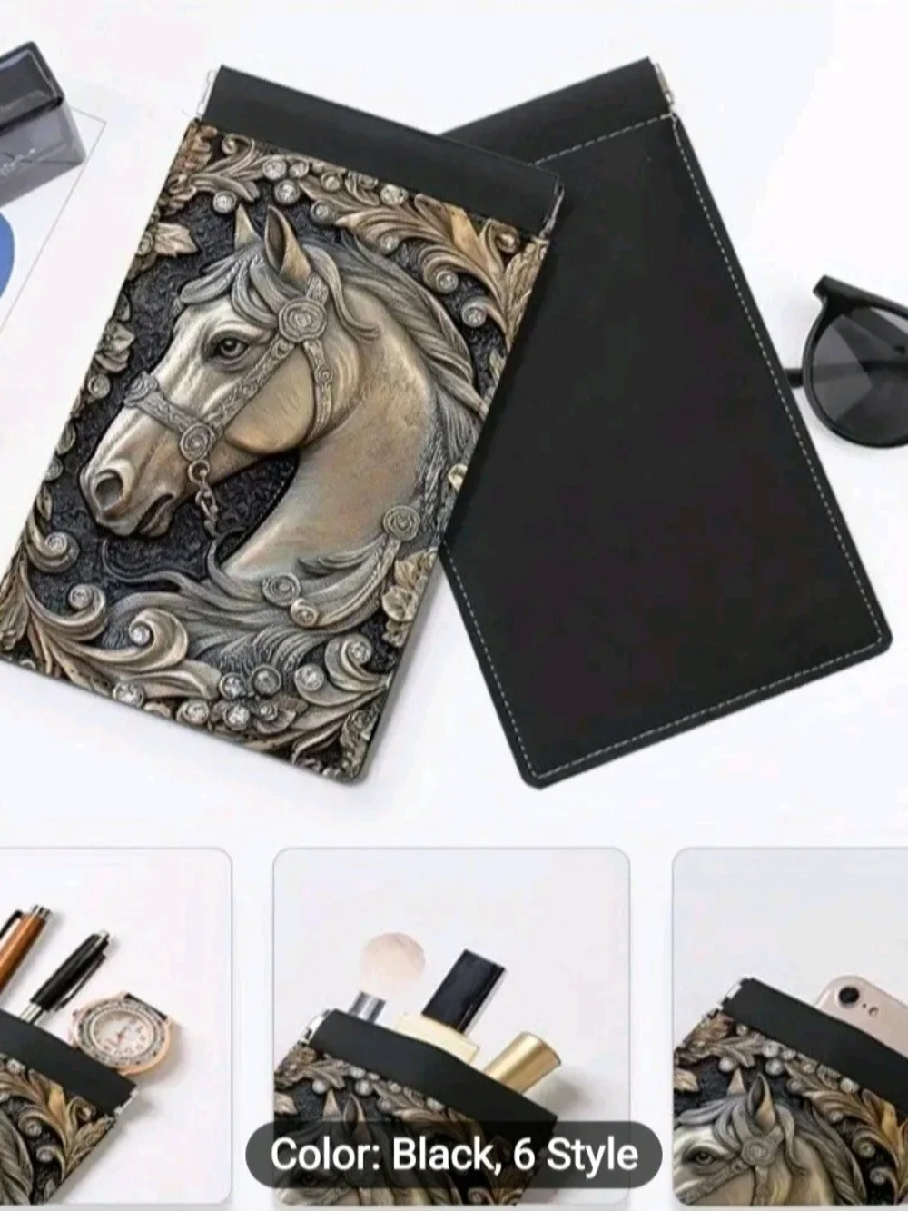 Elequent Equestrian Embossed Relief Horse Head Pocket Pouch For Phone/Cards Etc.